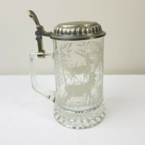 ALWE Vintage Glass Etched Wild Deer Beer Stein Mug Tankard w/Pewter Lid Italy - Picture 2 of 8
